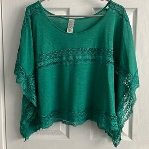 Free People Teal Green Lace Trim Tee